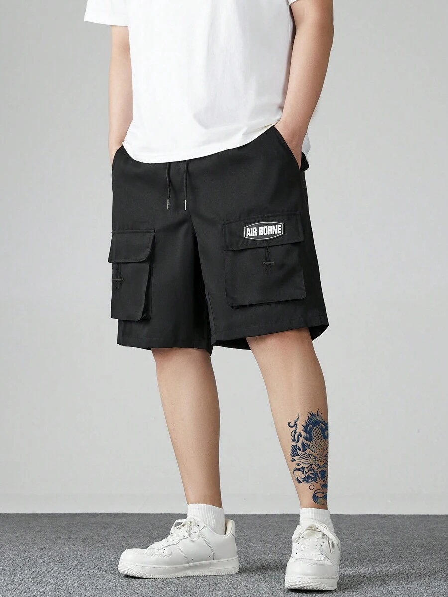 Men's Letter Printed Drawstring Waist Casual Cargo Shorts - Black - View 1
