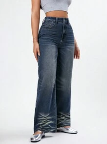 Women High Waist Casual Wide Leg Jeans - Dark Wash - View 5