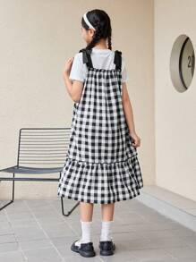 SHEIN Tween Girl's Daily Casual Knitted Short-Sleeved Round-Neck Top And Plaid Strap Dress Set - Black and White - View 2