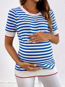 SHEIN 孕婦條紋圓領短袖休閒毛衣，秋冬季 - 彩色 - 查看 5