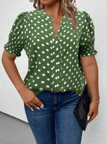 Plus Size Women's Polka Dot Printed Short Puff Sleeve Loose Blouse With Notched Neckline, Spring/Summer - Green - View 4