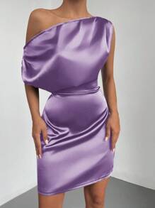 RueChic Asymmetrical Neck Fitted Dress - Violet Purple - View 4