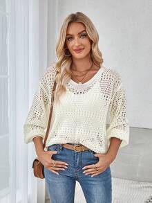 SHEIN LUNE White Hollow Knitted Long Sleeve V-Neck Pullover Sweater, Fashionable And Versatile, Suitable For Early Autumn - White - View 4