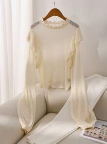 SHEIN Privé Plus Size Elegant Collared Ruffle Hem Retro Casual Loose Cropped Pullover Sweater, Back To School - Apricot - View 8