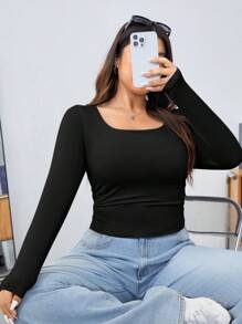 SHEIN EZwear Women's Plus Size Knitted Long Sleeve Solid Color Slim Fit T-Shirt With Square Neckline