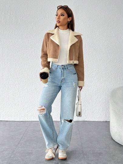 SHEIN PETITE 秋冬連帽茄克摩托車夾克，熊貓毛線衣裡裏，卡其色，帶拉鍊