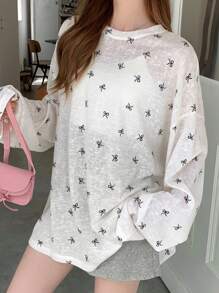 DAZY Bow Print Drop Shoulder Tee For Spring And Summer Sheer Long Sleeve Women Tops