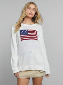 Easelle Women 4th Of July American Flag Pattern Round Neck Casual Long Sleeve Sweater