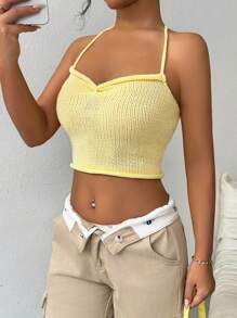 SHEIN Unity Top de punto unicolor y sencillo con cuello halter para uso diario de mujer - Amarillo - Ver 6