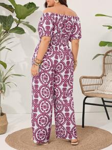 SHEIN VCAY Plus Size Women's Floral Pattern Off Shoulder Top And Pants Set Summer Two Pieces Outfits - Red Violet - View 2
