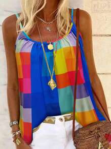 SHEIN LUNE 女士五彩格紋印花背心上衣 - 彩色 - 查看 4