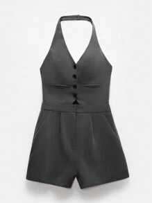 SHEIN EZwear Bộ áo liền quần mùa hè một bên ngực màu trơn có dây buộc - Xám - Xem 3