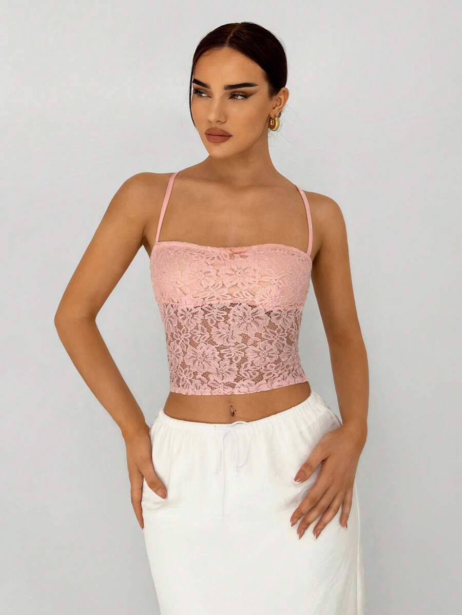 Aloruh Camisola blanca de encaje sin espalda y con lazo en el cuello para mujer, ideal para citas románticas - Rosa - Ver 1