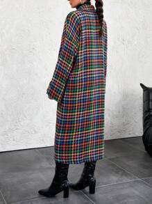 RueChic Women's Houndstooth Pattern Notched Collar Woolen Coat - Black - View 2