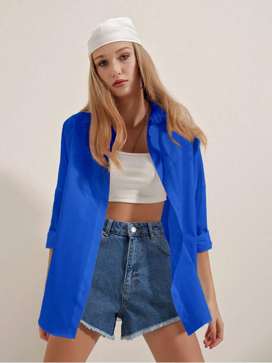 EURMUSE Drop Shoulder Button Front Shirt - Blue - View 1