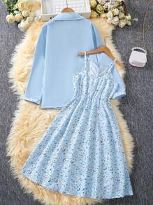 SHEIN 女童點綴花卉細肩跳躍套裝和彼得潘領假口袋單色夾克套裝，共2件 - 藍色 - 查看 2