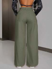 SHEIN PETITE Women's Loose Fit Casual Wide Leg Denim Jeans With Frayed Hem Patchwork - Green - View 2