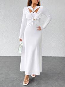 SHEIN PETITE Women's Hollow Out Metal Decor Pleated Dress - White - View 8