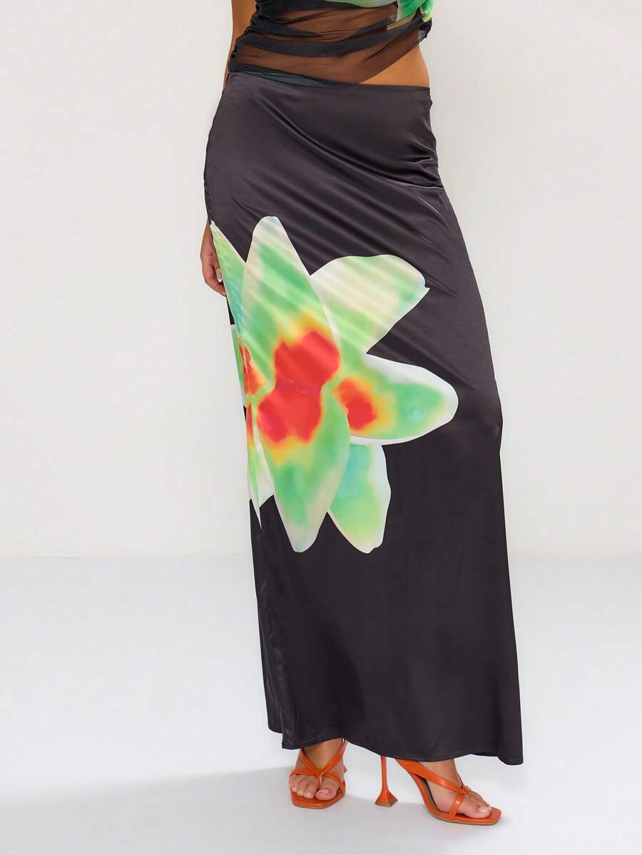 MUSERA Floral Slinky Low Rise Maxi Skirt Boho Summer Cute Elegant Chic - Multicolor - View 1