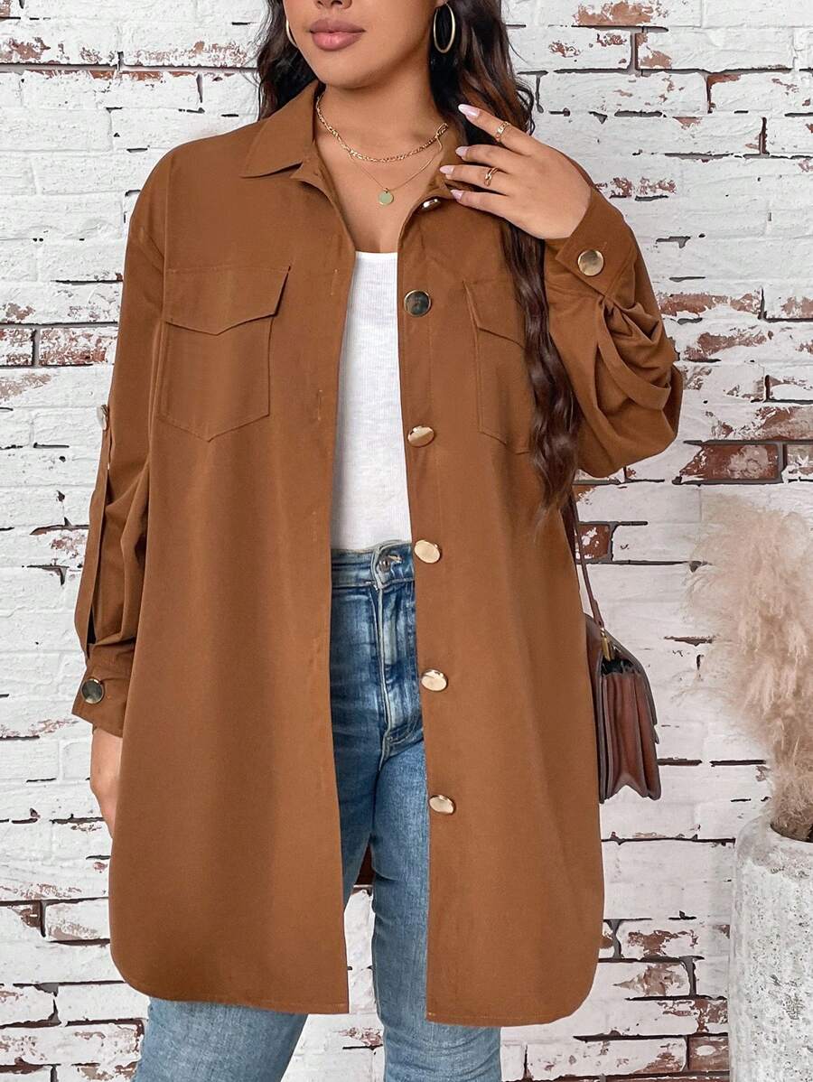 SHEIN LUNE Plus Size Lapel Buttoned Pocket Loose Solid Color Simple Casual Fashion Jacket With Long Sleeves For Daily Wear For Autumn & Winter Halloween Winter Clothes