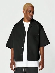 SUMWON Boxy Fit Revere Collar Shirt With Pocket Square - Black - View 1
