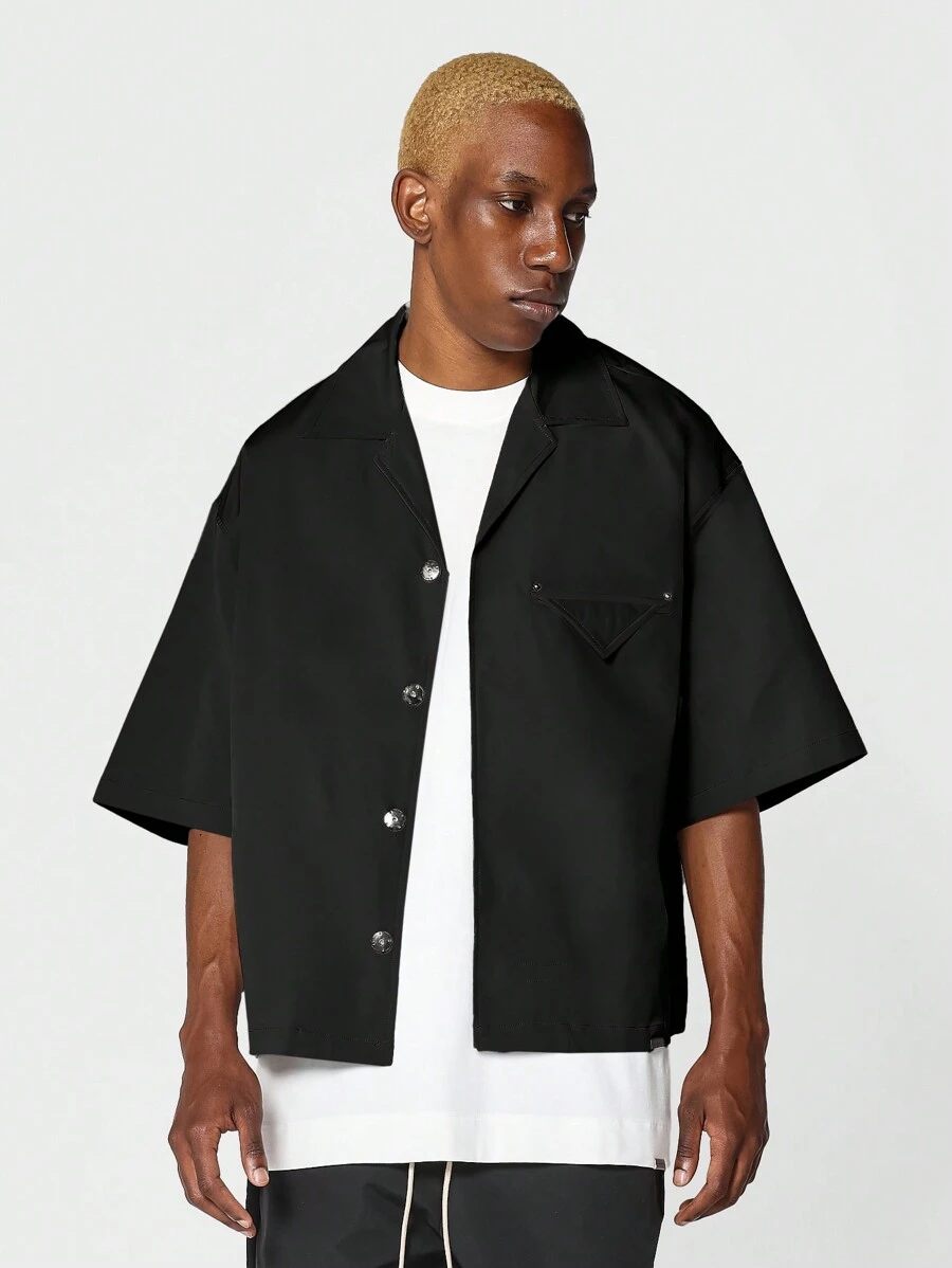 SUMWON Boxy Fit Revere Collar Shirt With Pocket Square - Black - View 1