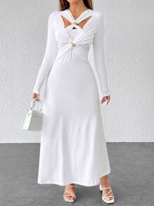 SHEIN PETITE Women's Hollow Out Metal Decor Pleated Dress - White - View 4