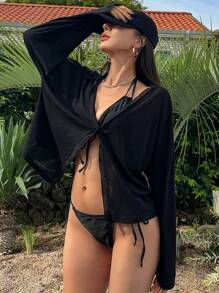 DAZY Women's Simple Solid Color Daily Long Sleeve Kimono Cover Up Summer Sheer Vacation Beach - Black - View 1