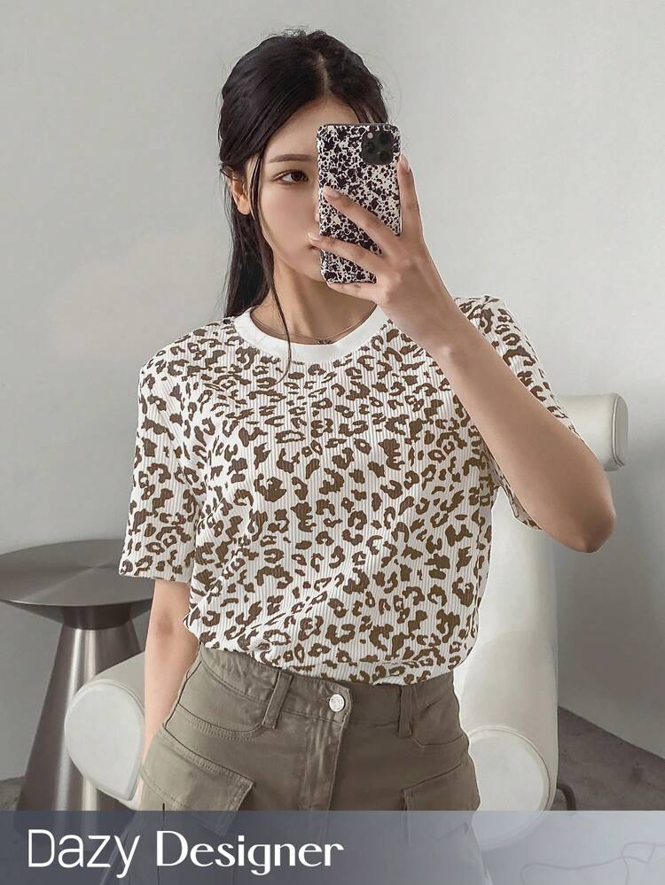 Women's Leopard Print Loose Fit Round Neck Short Sleeve T-Shirt Summer