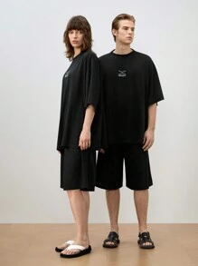 Mainfolk Men's 2pcs Letter Knitted Loose Drop-Shoulder Short Sleeve Casual T-Shirt Set, Suitable For Summer - Black - View 4