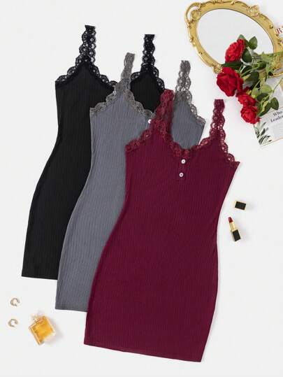 Snug Zone 3件套女士蕾丝修身吊带睡衣睡裙