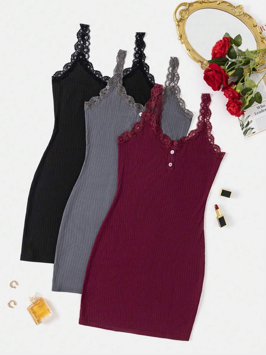 Snug Zone 3件套女士蕾丝修身吊带睡衣睡裙 - 彩色 - 查看 1