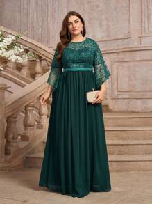 SHEIN Belle Plus Size Dark Green Beaded Sequin Ruffled Sleeve Chiffon Dress, Elegant & Graceful For Formal Occasions - Dark Green - View 4