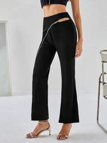 SHEIN Privé Black Fashionable Asymmetrical Design Zipper Split Flared Mid-Rise Women's Casual Pants Fall Cloth For Women - Black - View 7