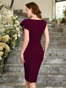 MIUSOL Einfarbiges Cocktailkleid mit asymmetrischen Rüschenärmeln, elegantes halbbadiges Sommerkleid für Frauen - Bordeaux - Übersicht 3