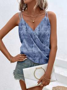 SHEIN Clasi Women's Cross Wrap V-Neck Double Shoulder Strap Elegant Blue Floral Jacquard Satin Camisole - Blue - View 1