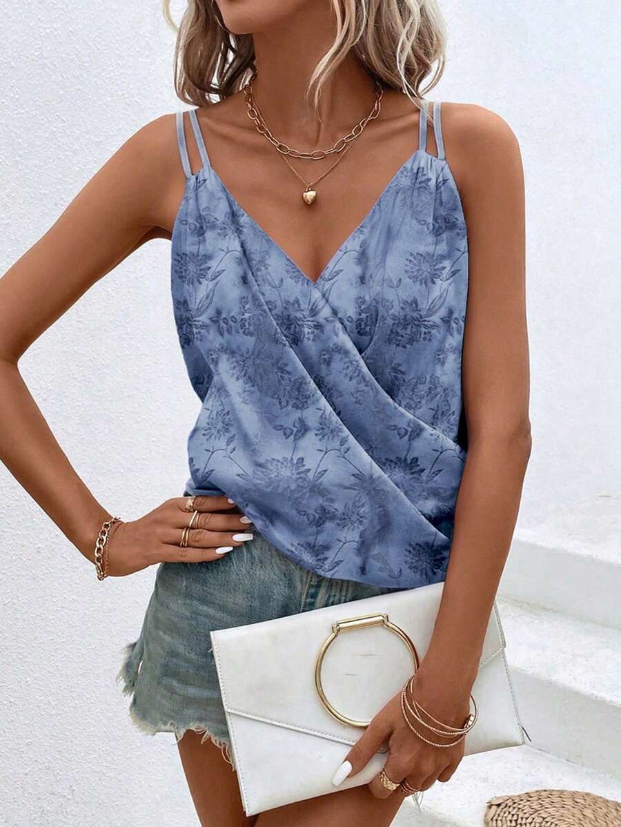 SHEIN Clasi Women's Cross Wrap V-Neck Double Shoulder Strap Elegant Blue Floral Jacquard Satin Camisole - Blue - View 1