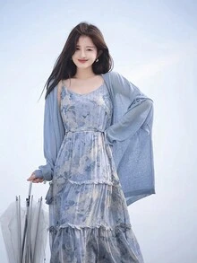 RUIWY 宽松 V 领轻质女式开衫，设计简约百搭，长袖 - 藍色 - 查看 4