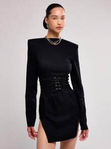 MUSERA 梭织立领长袖束身迷你连衣裙 春季性感可爱夏季 - 黑色 - 查看 1