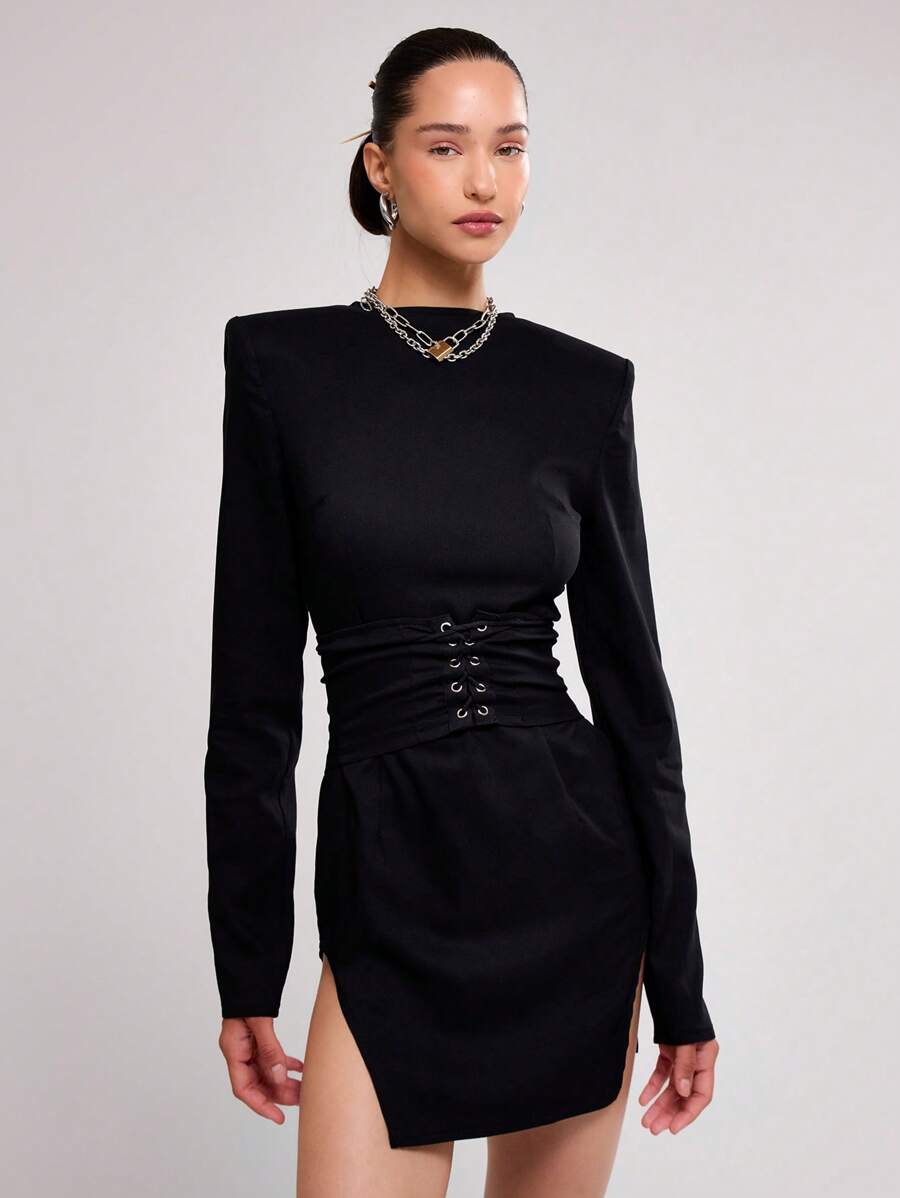 MUSERA 梭织立领长袖束身迷你连衣裙 春季性感可爱夏季 - 黑色 - 查看 1