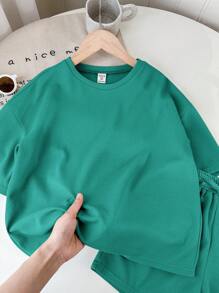 SHEIN LMoss Kids 青少女純色針織短袖上衣及寬鬆短褲休閒2件套裝 - 綠色 - 查看 4