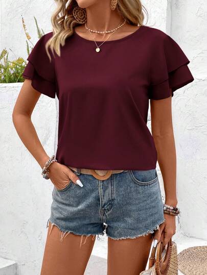 Balvessa Solid Raglan Sleeve Casual Blouse For Dailywear,Short Sleeve Tops