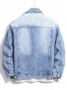 Chillumni Men Plus Size Simple Solid Color Plain Urban Casual Long Sleeve Denim Jacket For Daily Wear Going Out Hang Out Party Vacation Street, Fall - Medium Wash - View 2