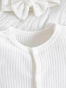 SHEIN Newborn Baby Girl Solid Color Long Sleeve Jumpsuit With Ruffle Trim And Footed Pants Cute Baby Pajamas - White - View 6
