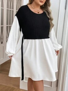 SHEIN CURVE+ Đường cong Plus Quần áo phụ nữ mùa thu Hai tông màu Tay áo đèn lồng Nút thắt bên Váy 2 trong 1 Quần áo công sở Đi chơi Trang phục giáo viên - Đen và trắng - Xem 3