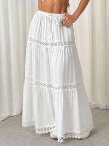 SHEIN EZwear Jupe longue évasée de couleur unie blanche avec dentelle contrastée - Blanc - Voir 1