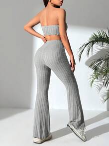 SHEIN PETITE Conjunto casual de verano para mujeres con top de banda asimétrico y pantalones acampanados en unicolor