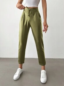 EURMUSE Women's Metallic Fabric Front Knot Long Pants - Green - View 1