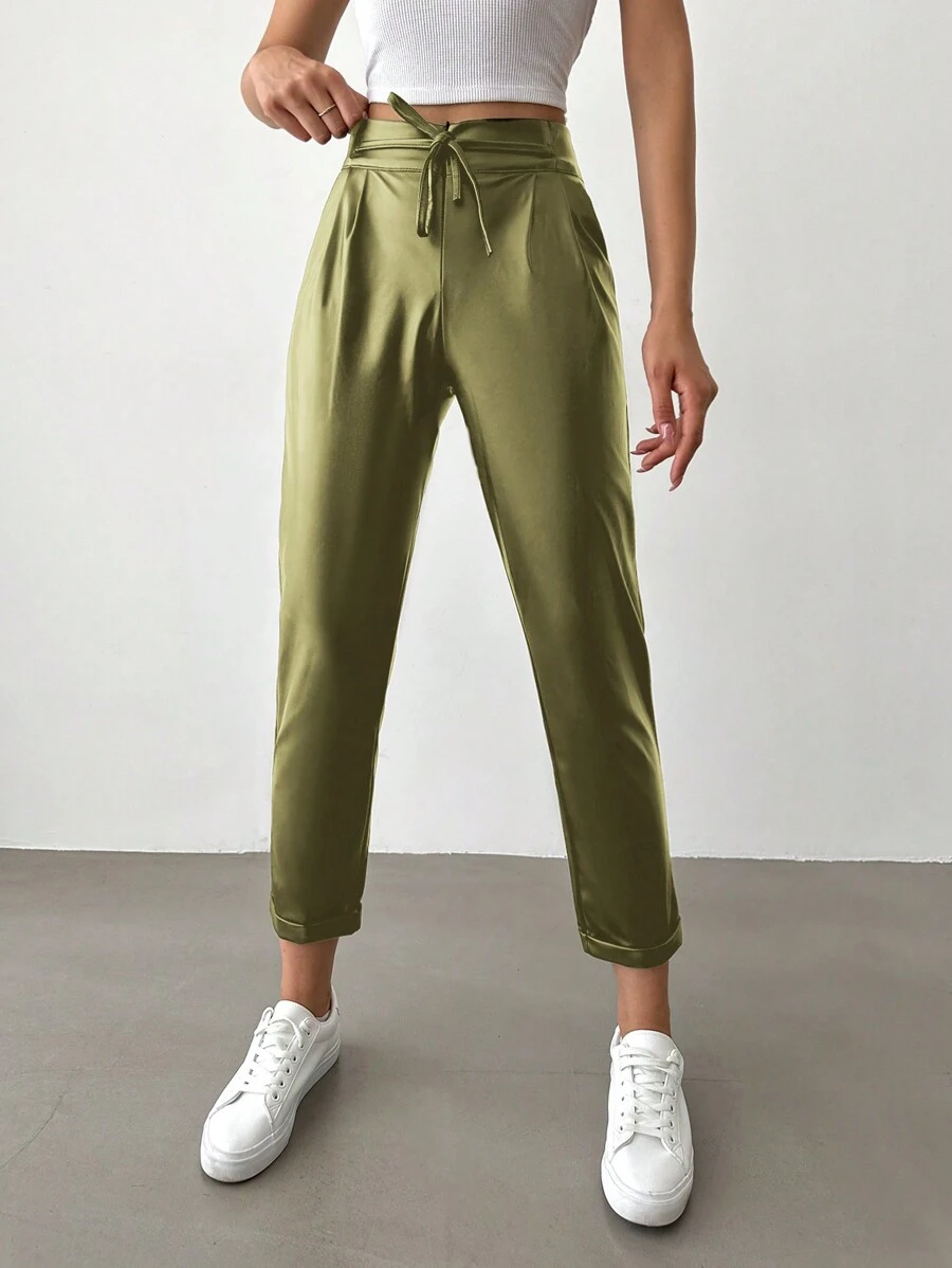 EURMUSE Women's Metallic Fabric Front Knot Long Pants - Green - View 1