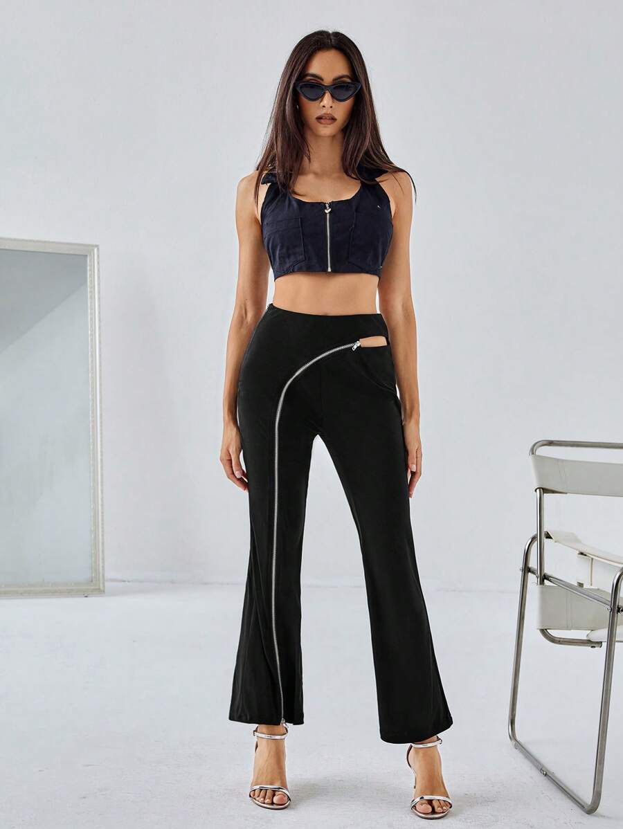 SHEIN Privé Black Fashionable Asymmetrical Design Zipper Split Flared Mid-Rise Women's Casual Pants Fall Cloth For Women - Black - View 1